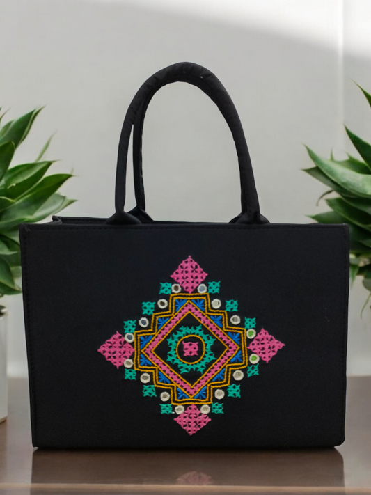 Handmade Geometric Embroidery Tote Bag – Spacious Black Purse with Bright Pattern
