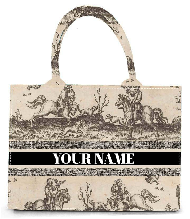 Handcrafted Vintage Equestrian Toile Print Bag Classic Horse Rider Design on Durable Cotton Canvas Tote