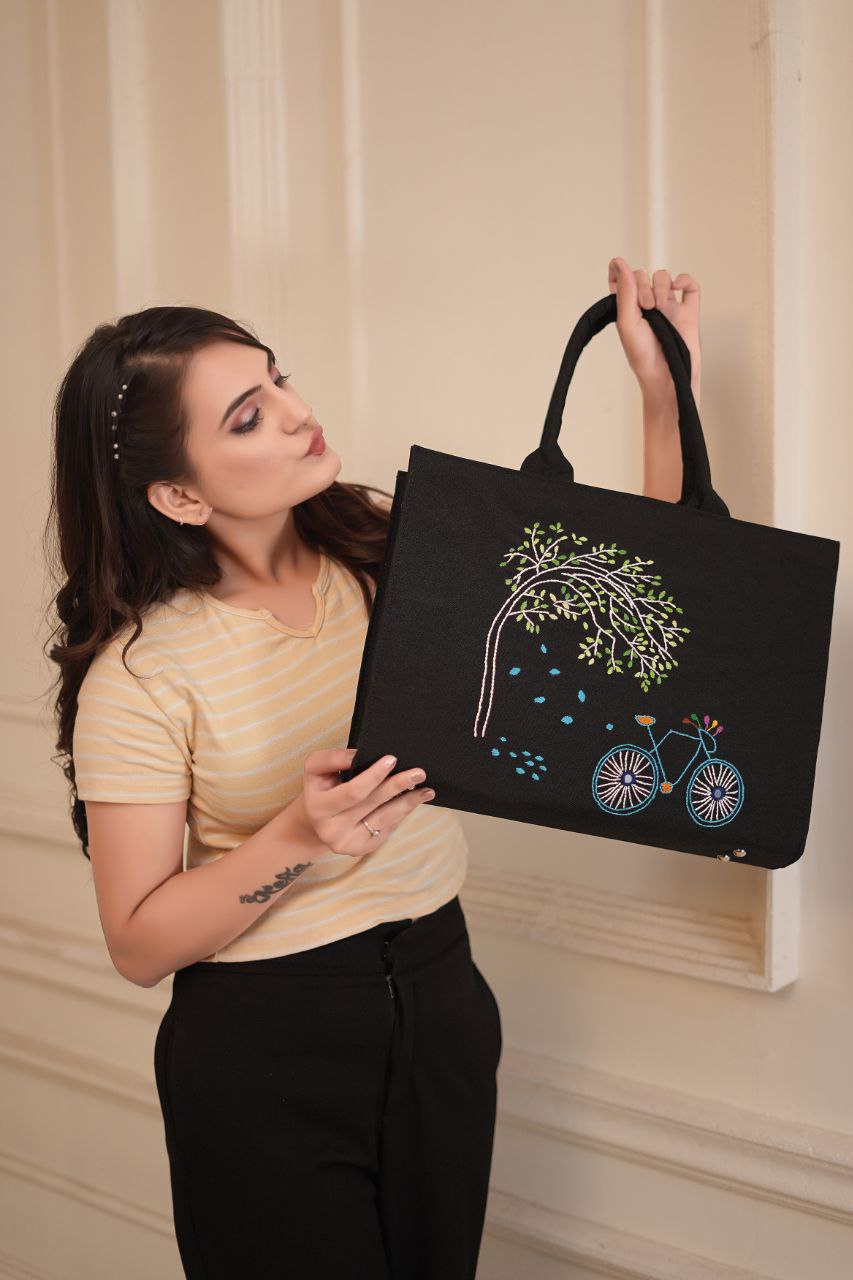 Handcrafted Black Tote Bag with Embroidered Tree and Bicycle Design