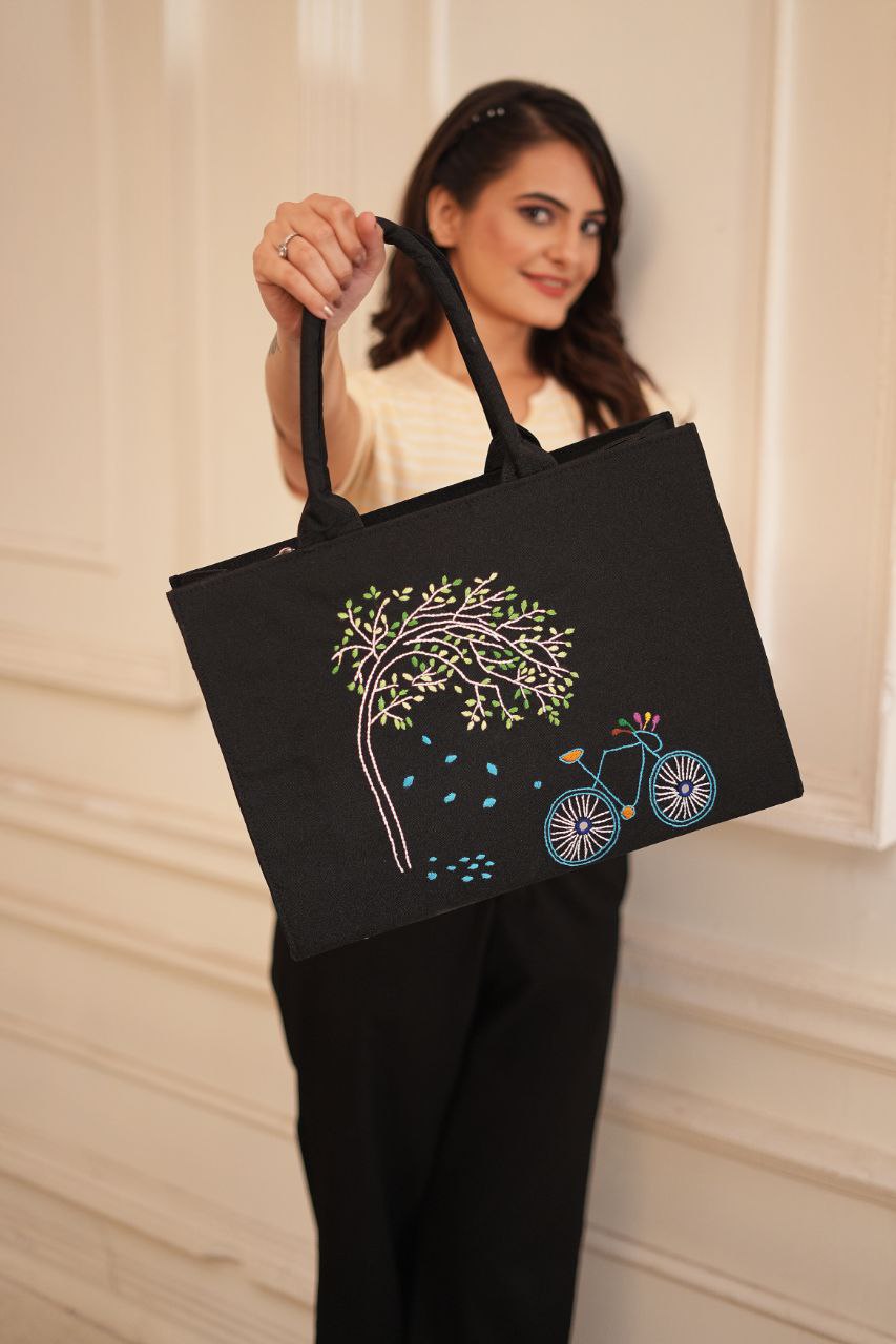 Handcrafted Black Tote Bag with Embroidered Tree and Bicycle Design