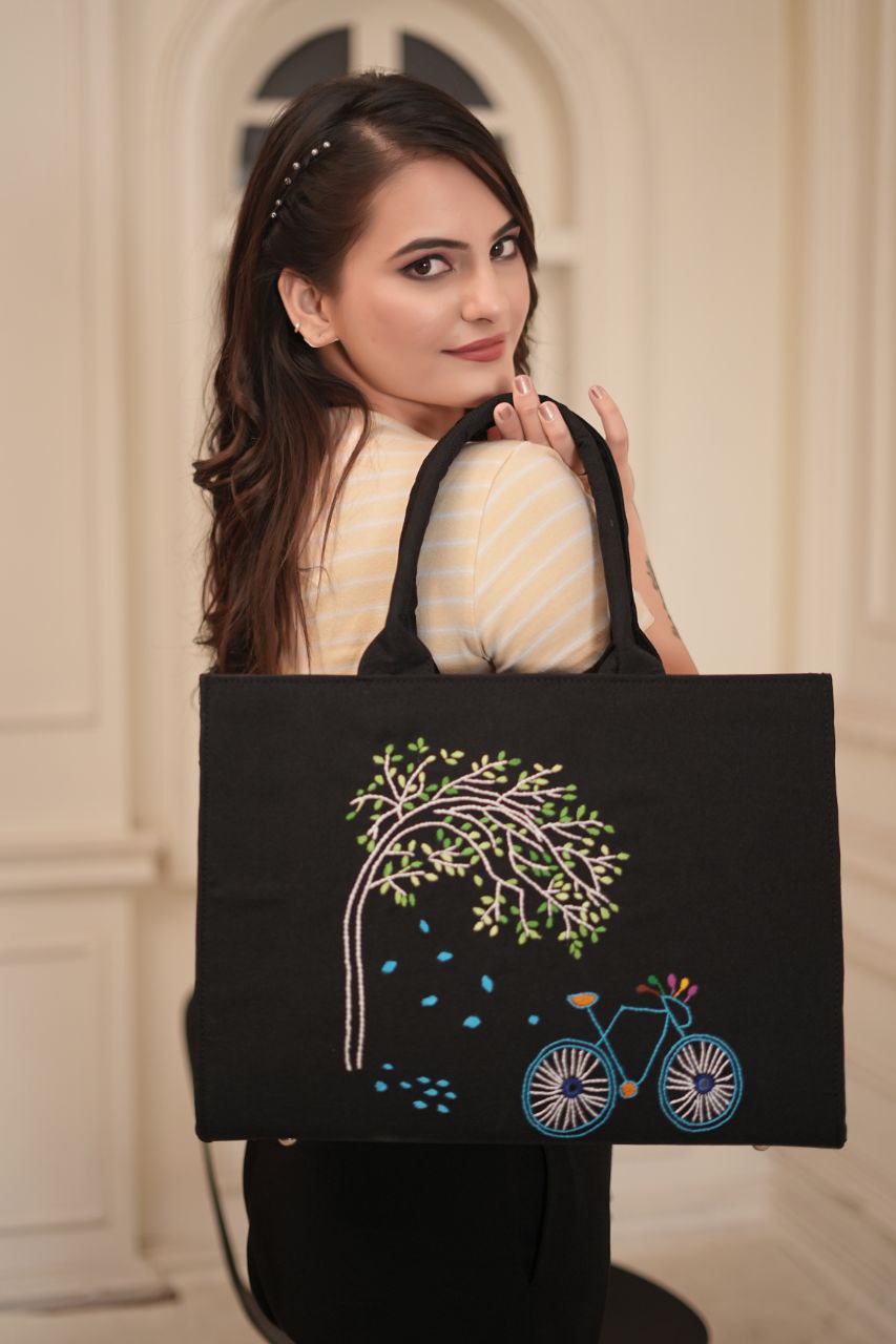 Handcrafted Black Tote Bag with Embroidered Tree and Bicycle Design