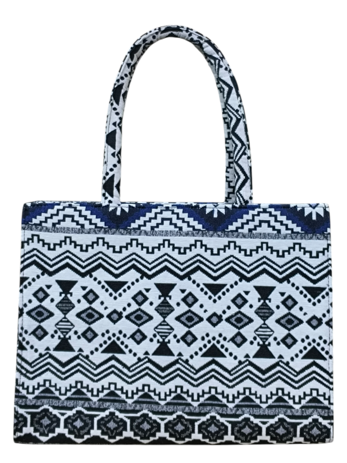 Ethnic Patterned Blue & White Jacquard Tote Bag – 11x14 Inch Elegant Everyday Handbag