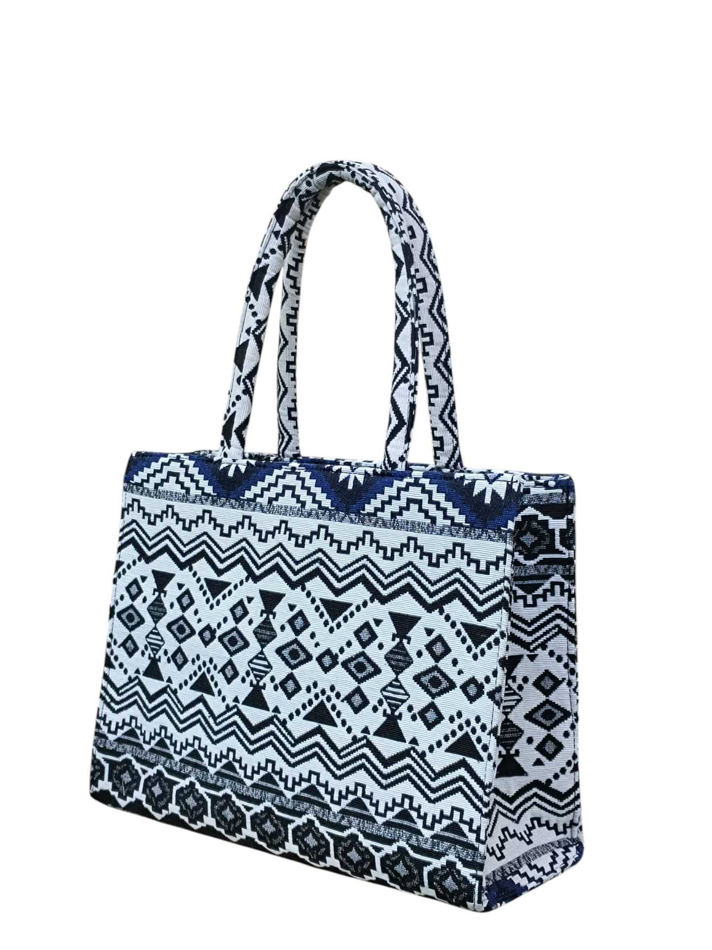 Ethnic Patterned Blue & White Jacquard Tote Bag – 11x14 Inch Elegant Everyday Handbag