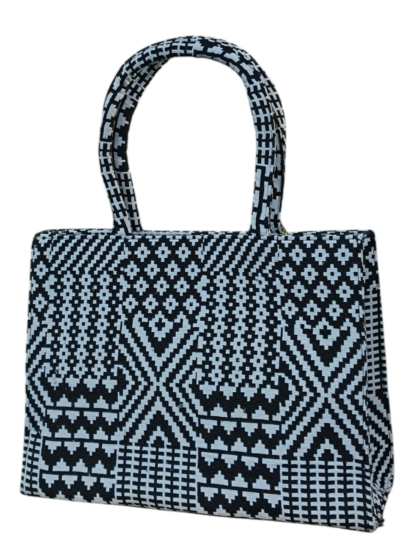 Jacquard Fabric Tote Bag 11x14 Inch Black & White Floral Pattern Handbag