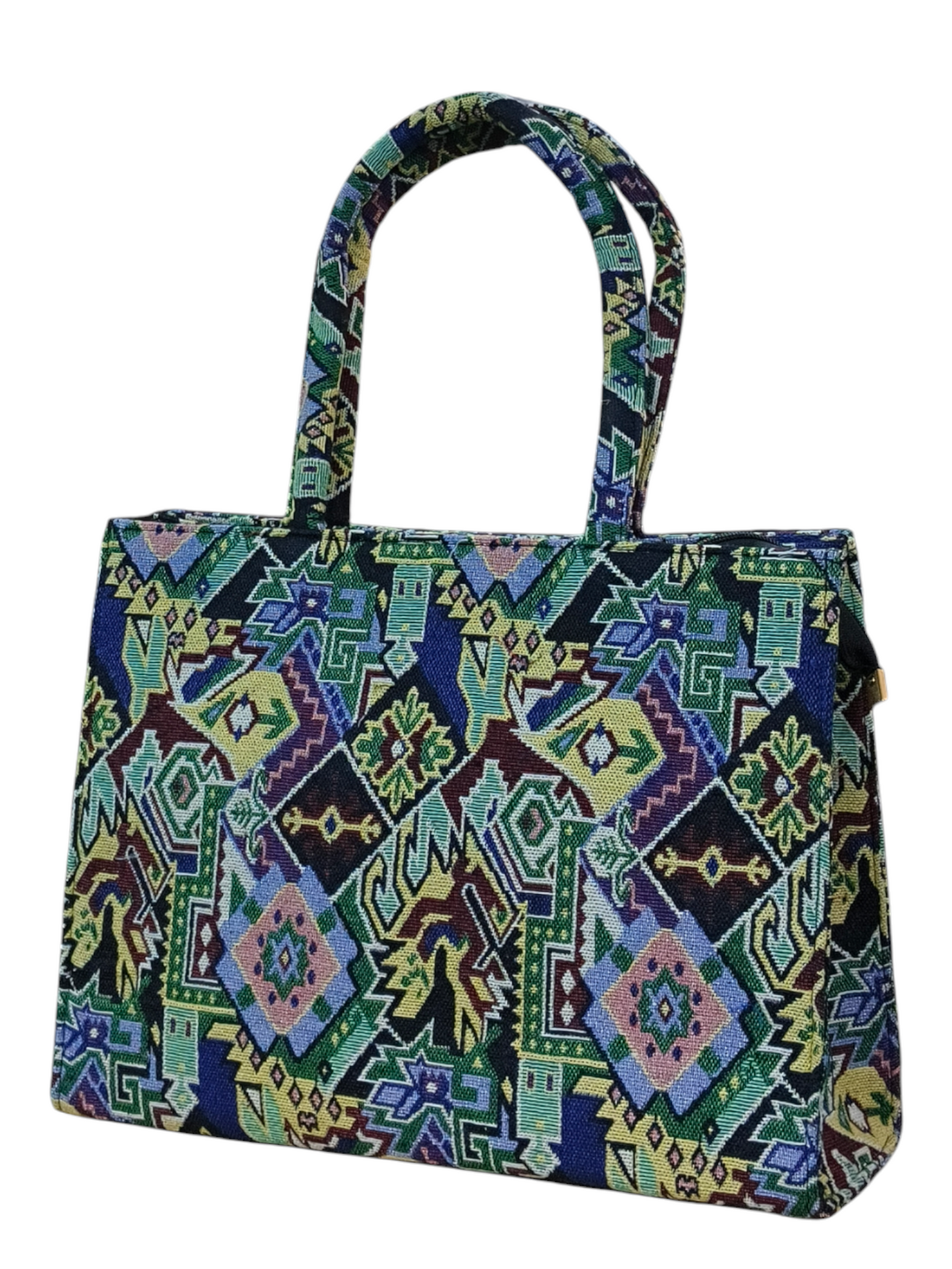 Jacquard Fabric Tote Bag 11x14 Inch Black & White Tribal Pattern Shoulder Bag