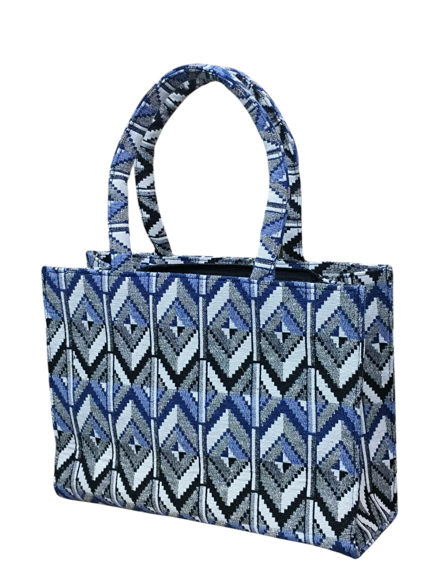 Blue & Black Geometric Jacquard Fabric Tote Bag – 11x14 Inch Designer Handbag for Women