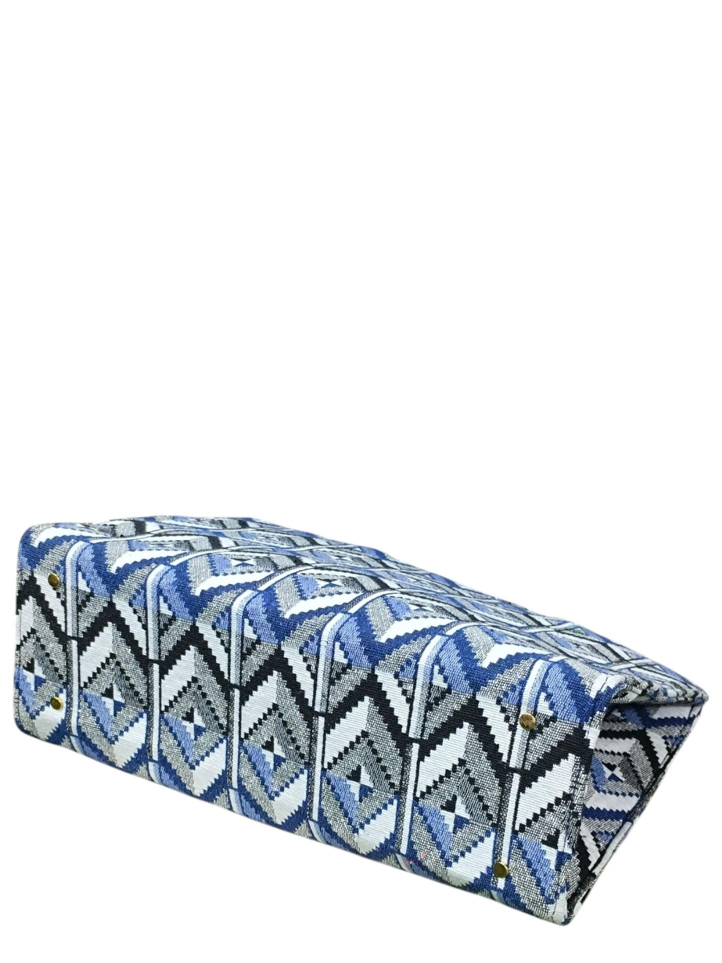 Blue & Black Geometric Jacquard Fabric Tote Bag – 11x14 Inch Designer Handbag for Women