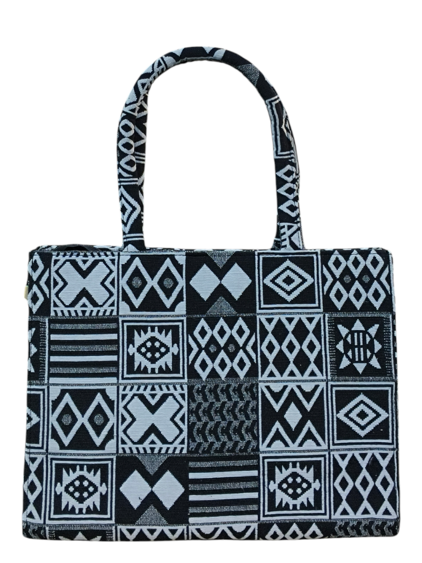 Black & White Jacquard Fabric Tote Bag – 11x14 Inch Elegant Handbag for Women