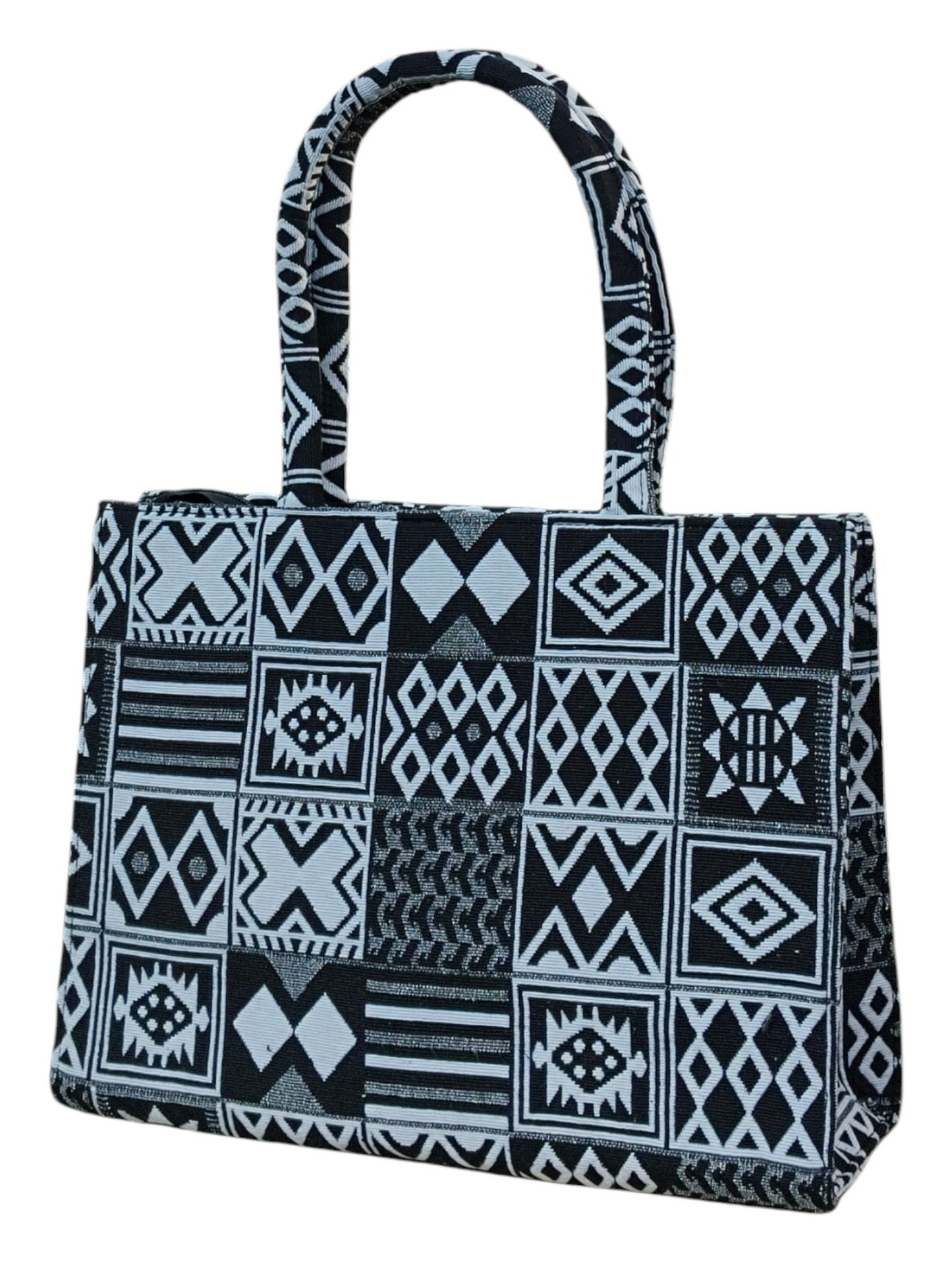 Black & White Jacquard Fabric Tote Bag – 11x14 Inch Elegant Handbag for Women