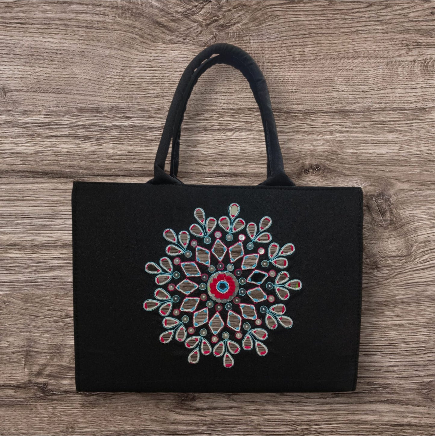 Handcrafted Black Tote Bag with Traditional Zardosi Embroidery – Elegant Ethnic Design Work Bag for Women