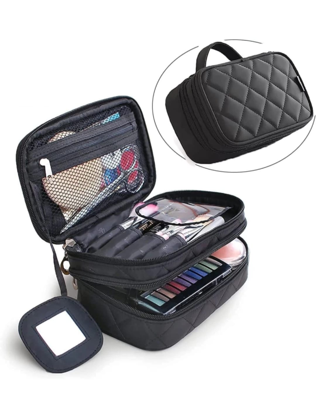 Travel Cosmetic Bag, Double Layer Makeup Bag With Mirror Beauty Makeup Brush Bags Travel Kit Organizer, Cosmetic Bag Professional Multi functional Organizer For Women and Men (color : black)