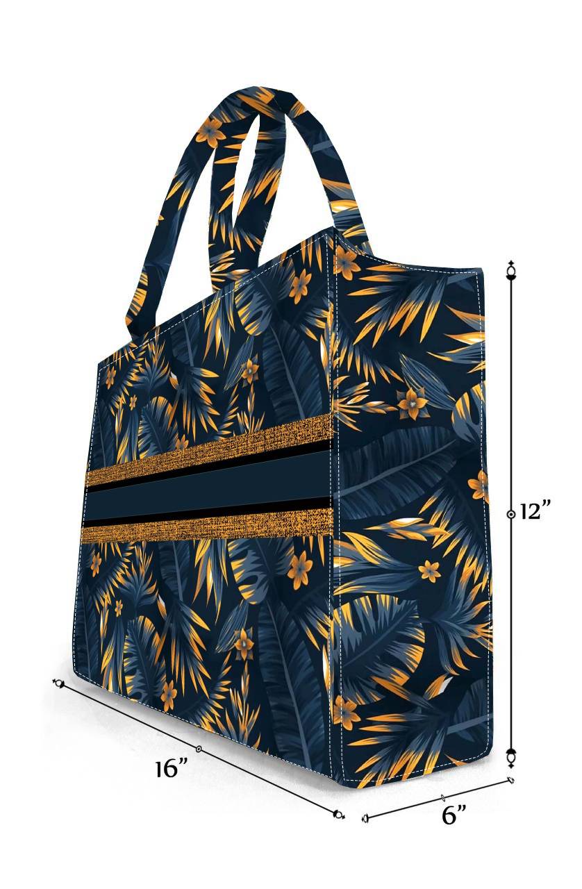 Statement Midnight Tropical Tote Bag Premium Quality Navy Blue Canvas with Vibrant Botanical Pattern