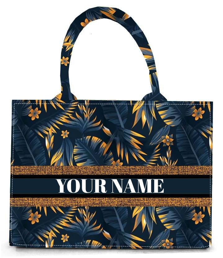 Statement Midnight Tropical Tote Bag Premium Quality Navy Blue Canvas with Vibrant Botanical Pattern