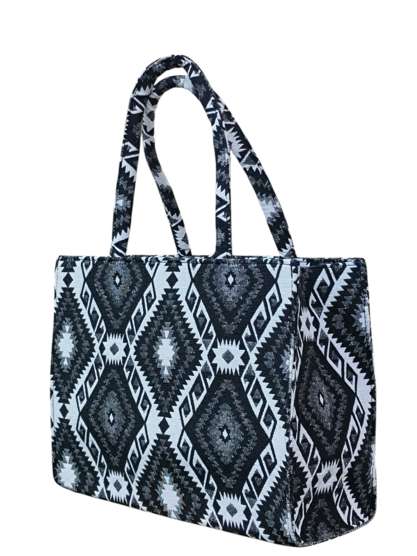Premium Black & White Jacquard Fabric Tote Bag – Stylish & Durable Handcrafted Shoulder Bag