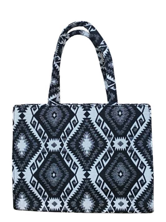 Premium Black & White Jacquard Fabric Tote Bag – Stylish & Durable Handcrafted Shoulder Bag