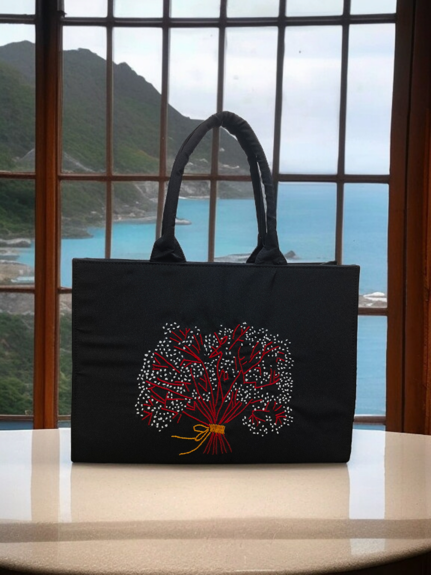 Elegant Black Handcrafted Tote Bag with Colorful Floral Tree Embroidery
