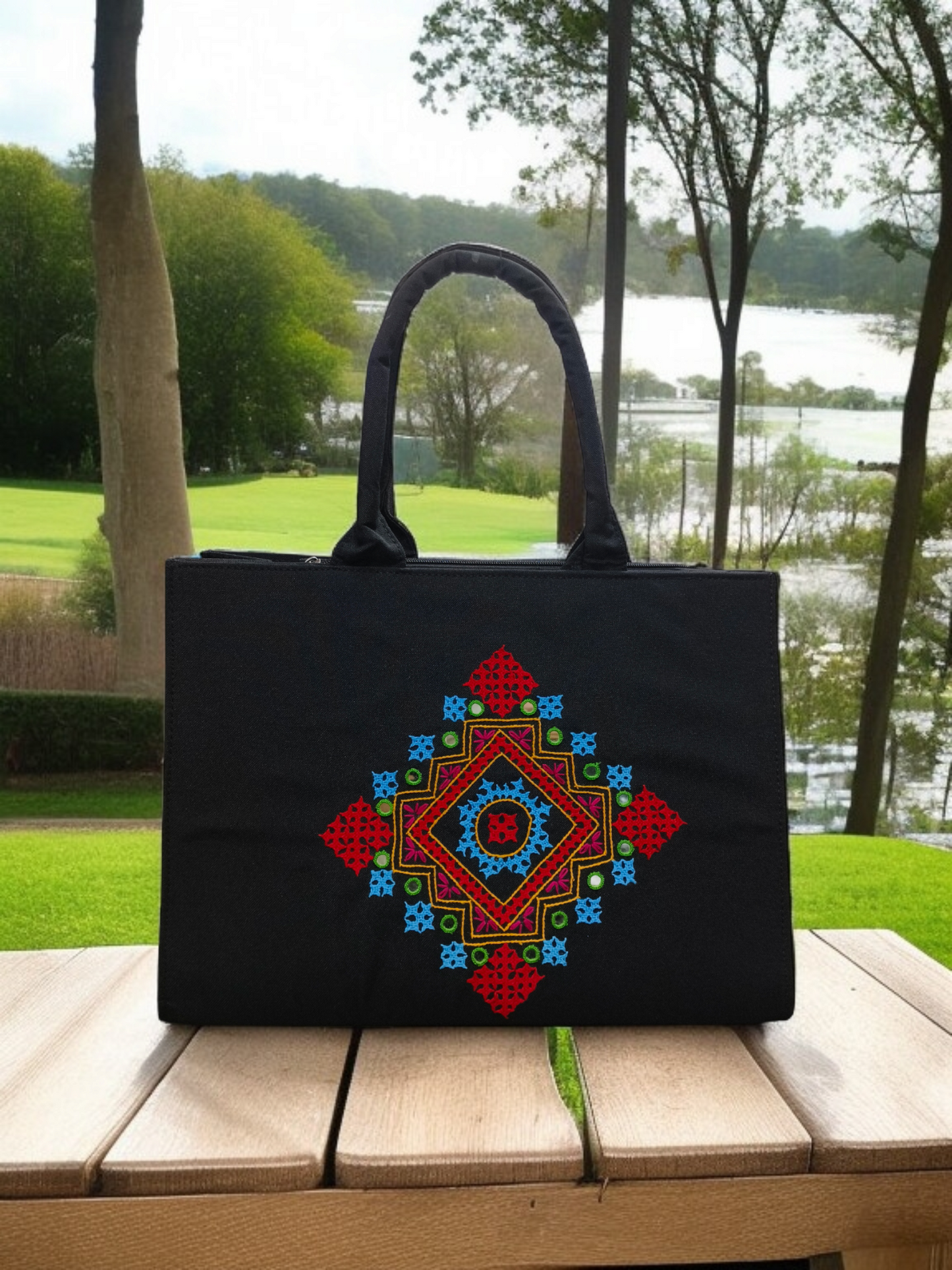 Black Canvas Tote Bag with Traditional Geometric Embroidery Print 12"x16" Spacious Eco-Friendly Handbag for Women