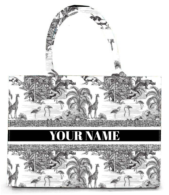 Elegant Safari-Inspired Tote Bag with Black and White Wildlife Print Large Canvas Shoulder Handbag