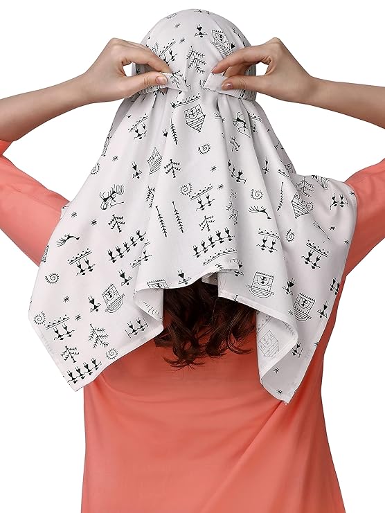 Elegant White Cotton Short Scarf with Artistic Print – Lightweight & Stylish