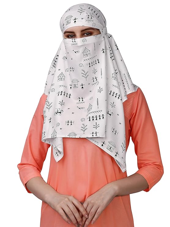 Elegant White Cotton Short Scarf with Artistic Print – Lightweight & Stylish