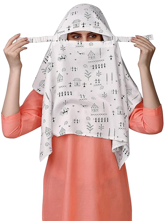 Elegant White Cotton Short Scarf with Artistic Print – Lightweight & Stylish