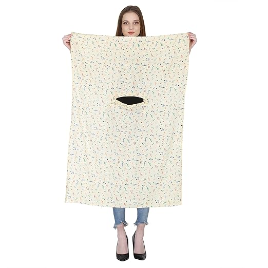 Elegant Beige Cotton Short Scarf with Musical Print – Lightweight & Stylish