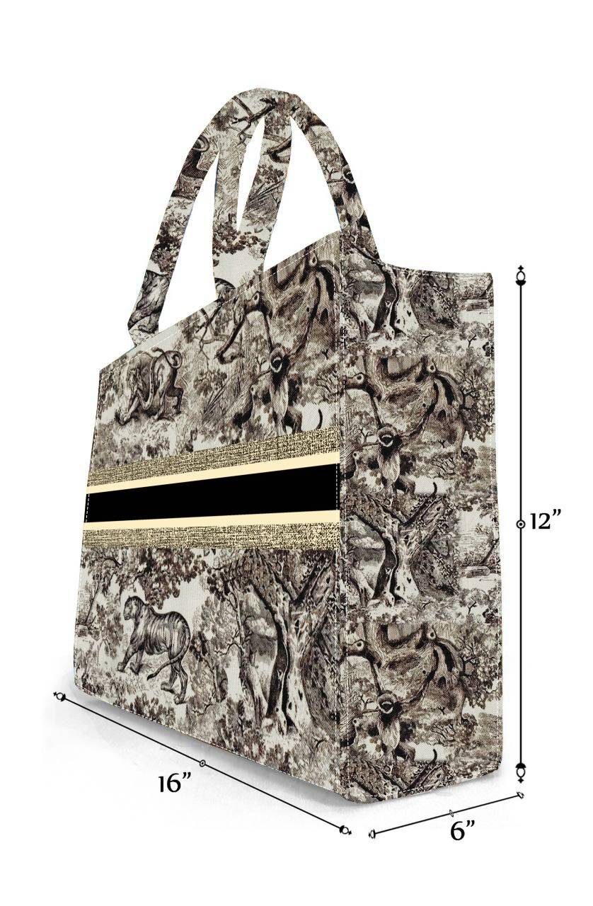 Vintage Wildlife Safari Print Tote Bag | 12"x16" Handcrafted Designer Canvas Bag with Black & Gold Accent