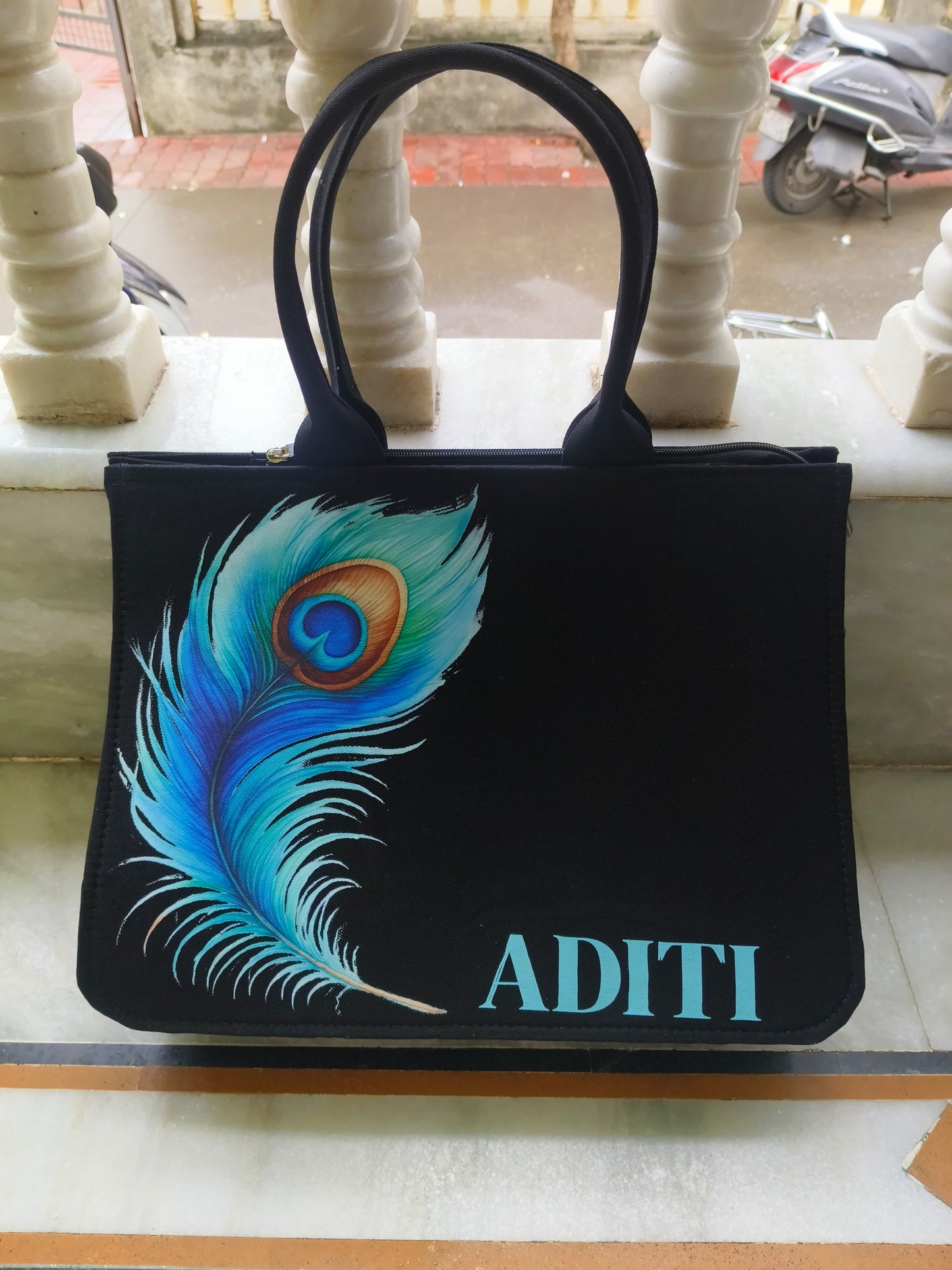 Tote Bag 12x16 Inch Elegant Black Handbag with Blue Peacock Feather Print and Custom Name Option