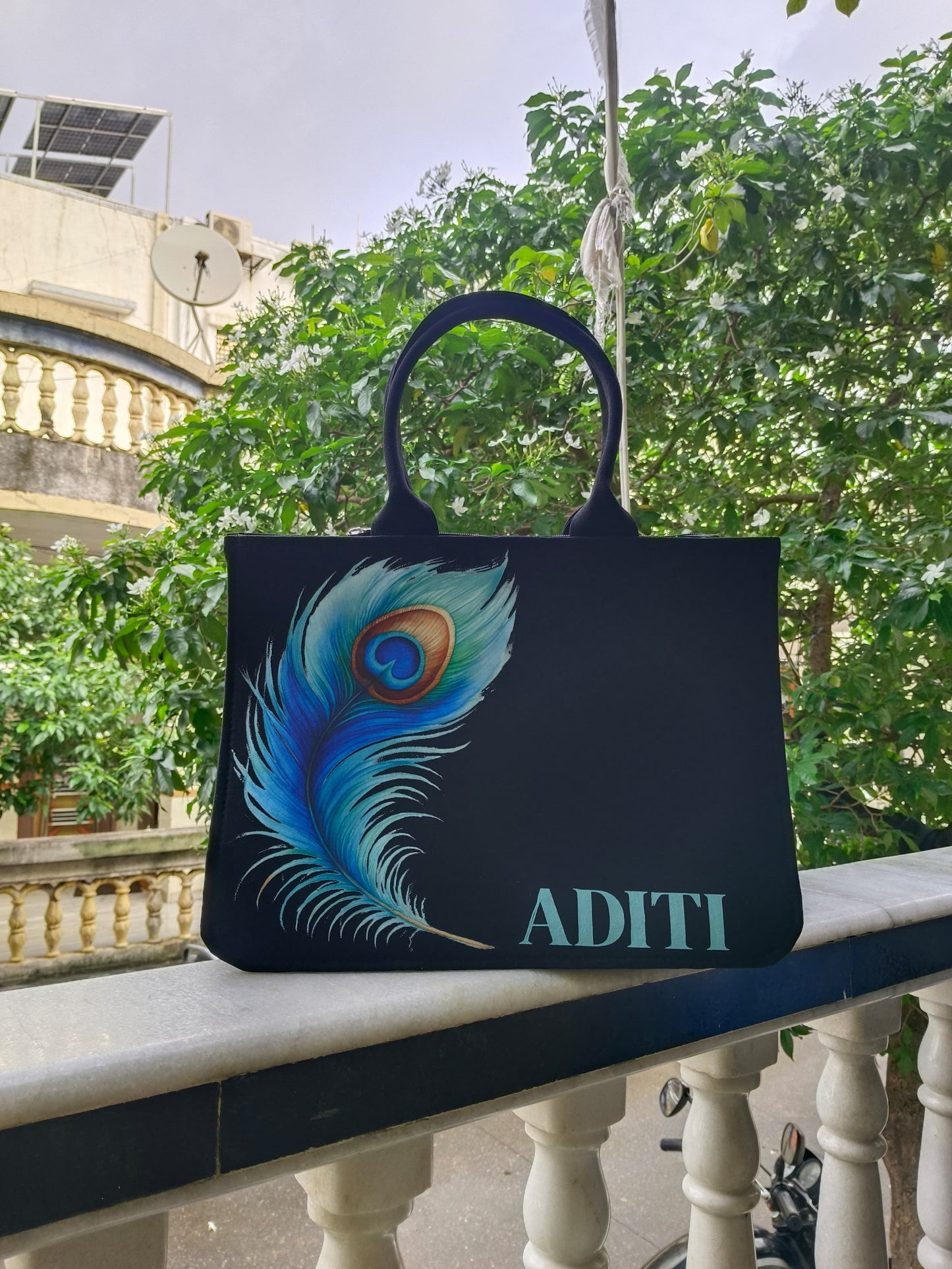 Tote Bag 12x16 Inch Elegant Black Handbag with Blue Peacock Feather Print and Custom Name Option