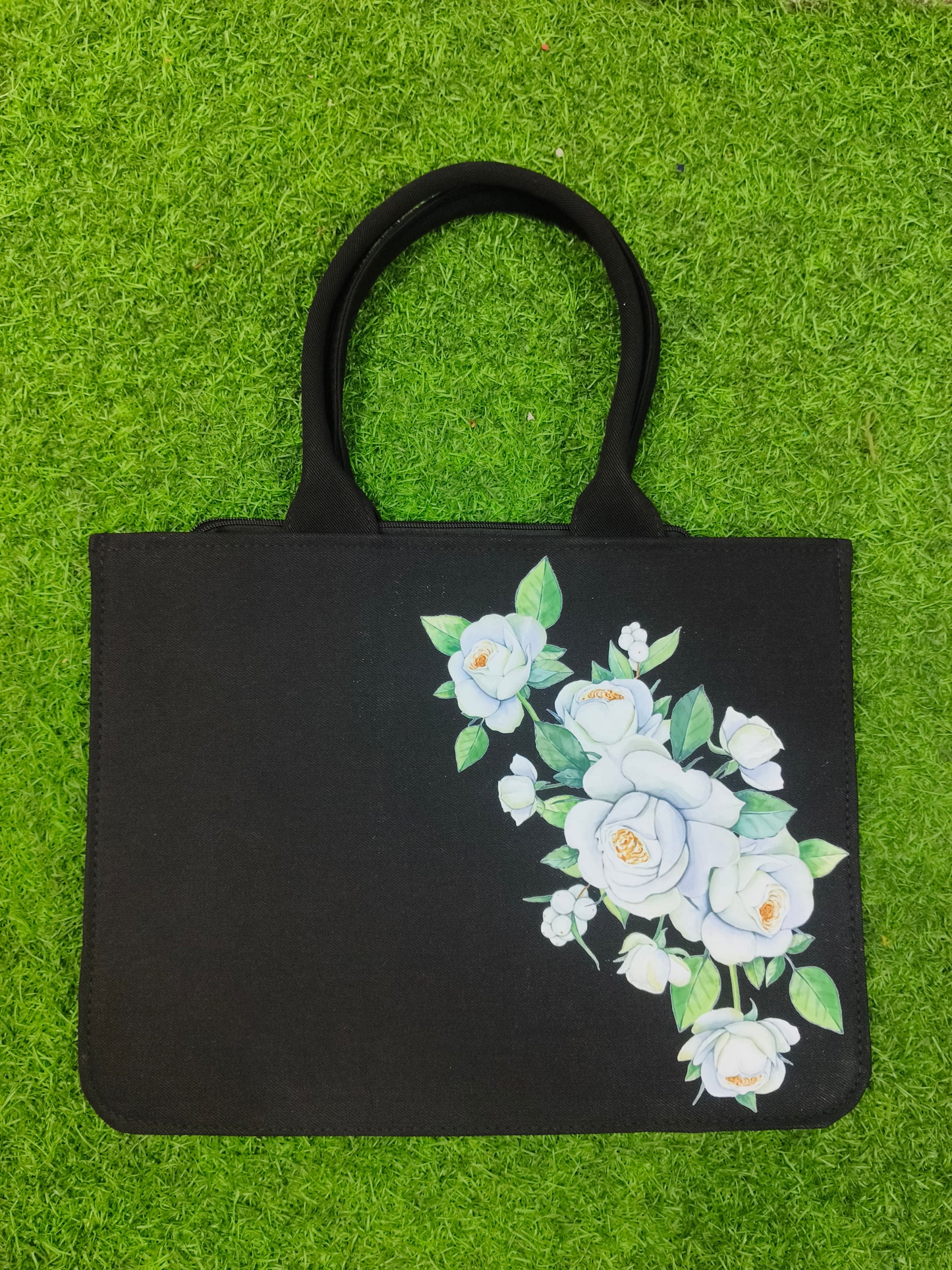 Floral Tote Bag for Women Elegant Black Canvas Handbag with White Roses Design & Custom Name