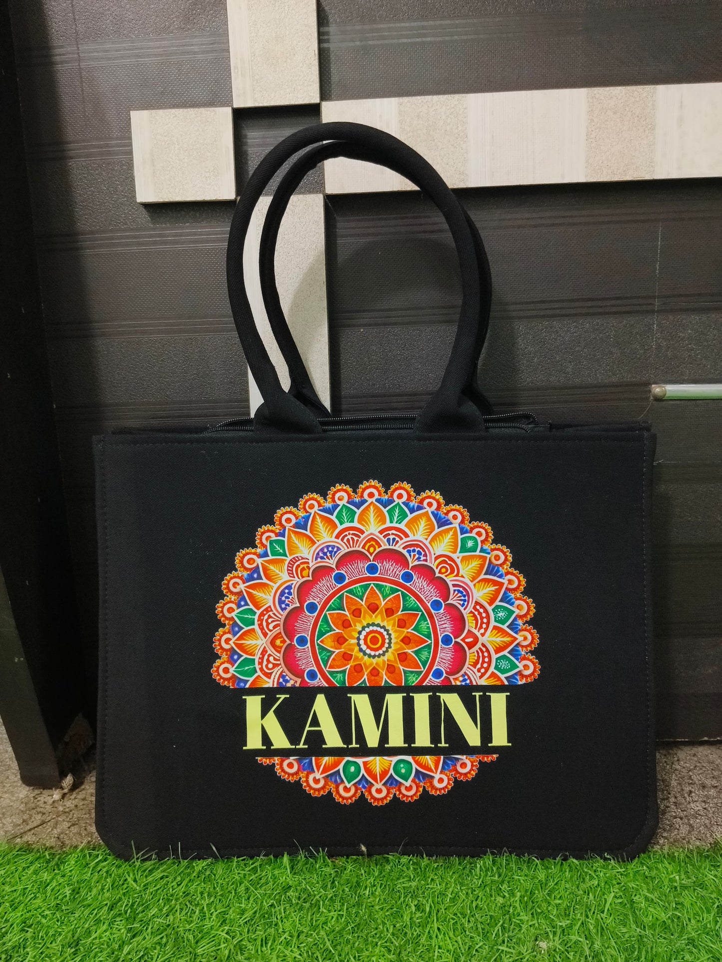 Custom Name Printed Black Tote Bag with Colorful Mandala Design Ethnic Handbag for Women