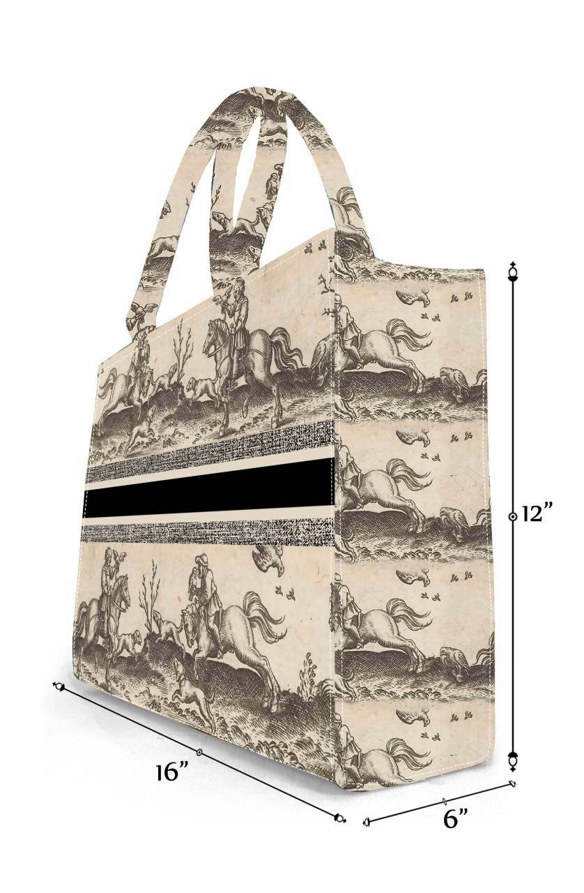 Handcrafted Vintage Equestrian Toile Print Bag Classic Horse Rider Design on Durable Cotton Canvas Tote