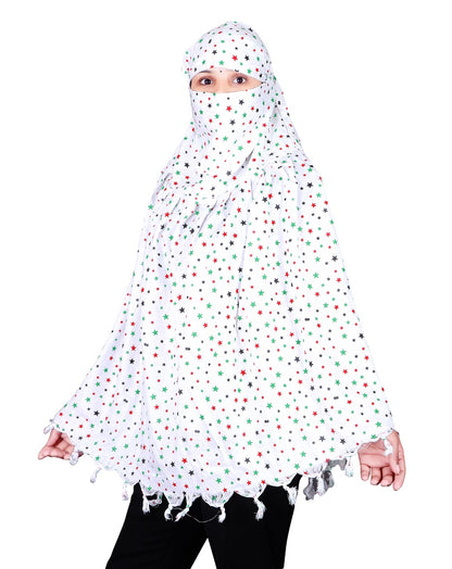 Soft, Breathable & Stylish White Cotton Scarf with Multicolor Star Print