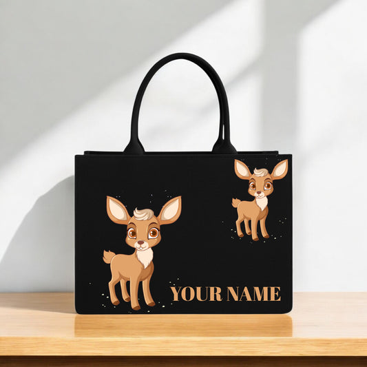 Black Tote Bag with Cute Deer Print – 16"x12" Custom Name Handbag for Women & Girls