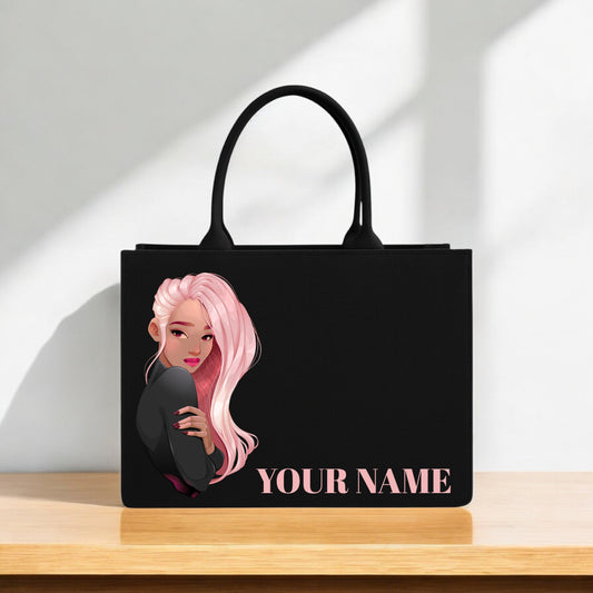 Tote Bag for Women – Stylish Black Handbag with Custom Name Print & Trendy Pink-Haired Graphic 12x16 inch Designer Carry Bag for Everyday Use