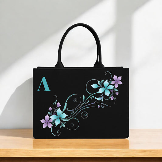 Black Tote Bag for Women | Premium 12" x 16" Large Designer Shoulder Bag with Custom Printed Lavender & Aqua Blue Flowers | Stylish Everyday Carryall Purse