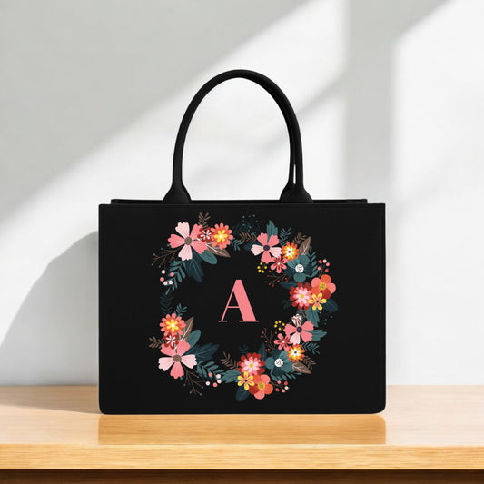 Black Tote Bag with Floral Alphabet Print 12"x16" Stylish Canvas Handbag for Women | Custom Initial Letter Design