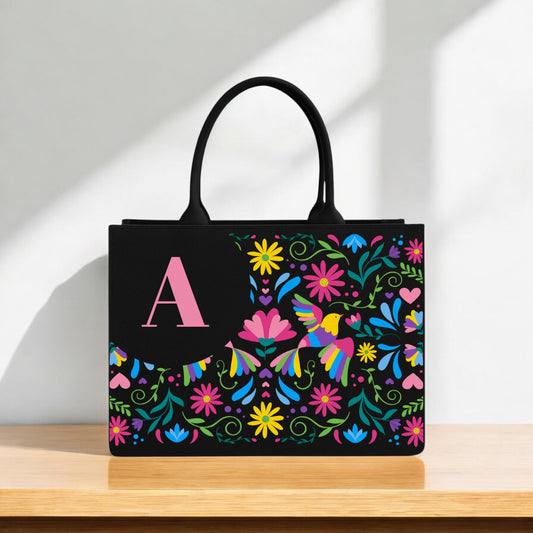 Designer Monogram Tote Bag Floral Folk Art Print with Hummingbird & Pink Initial "A" | Premium Black Canvas Handbag for Women