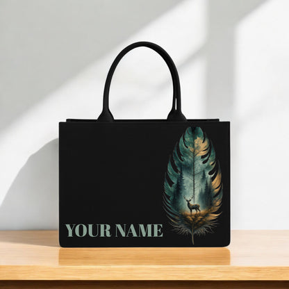 Black Handbag 12x16 Inch Forest Feather Print with Custom Name Personalization | Artistic Deer Design Tote for Everyday & Gifting