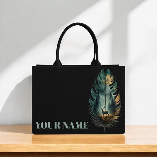 Black Handbag 12x16 Inch Forest Feather Print with Custom Name Personalization | Artistic Deer Design Tote for Everyday & Gifting