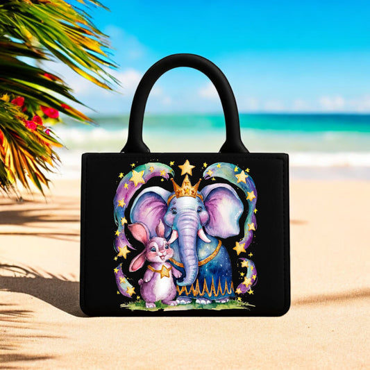 Kids Fantasy Collection : Black 10x12 Inch Handbag Featuring Royal Elephant & Bunny with Starry Crown Print Magical Animal Art Design for Girls