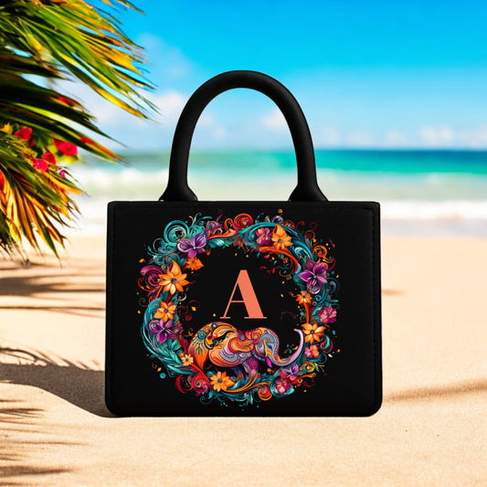Printed Tote Bag Black Base with Vibrant Floral & Elephant Monogram "A" Design | 10"x12" Stylish Eco-Friendly Multipurpose Bag