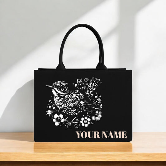 Custom Name Printed with Elegant White Floral Bird Artwork Eco-Friendly Handbag