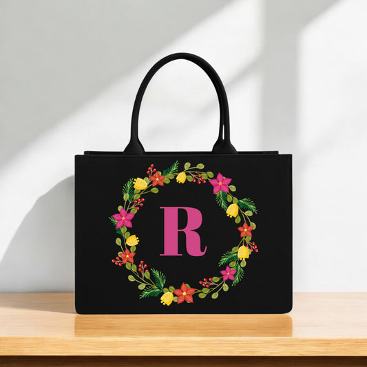 Premium Floral Black Handbag with Colorful Flower Print and Pink Initial 'R'Custom Canvas Bag for Everyday Use or Gifting