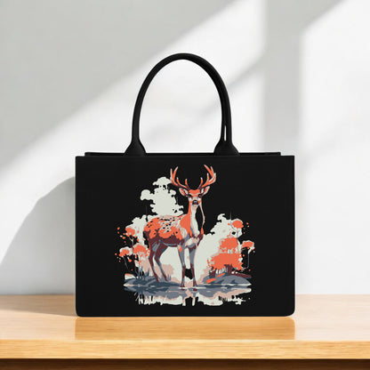 Deer Inspired Canvas Tote Bag  Majestic Stag Print in Autumn Tones on Premium Black Fabric