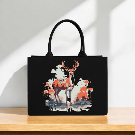 Deer Inspired Canvas Tote Bag  Majestic Stag Print in Autumn Tones on Premium Black Fabric