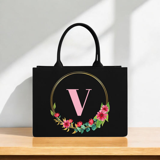Premium Black Canvas with Golden Frame & Red-Pink Flowers Tote Bag