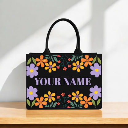 Custom Floral Name Tote Bag for Women Colorful Flower Design on Black Canvas