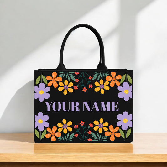 Custom Floral Name Tote Bag for Women Colorful Flower Design on Black Canvas