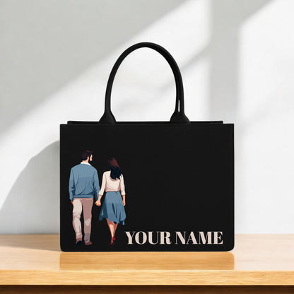 Couple Name Tote Bag Romantic Hand in Design on Black Canvas, Perfect Personalized Gift